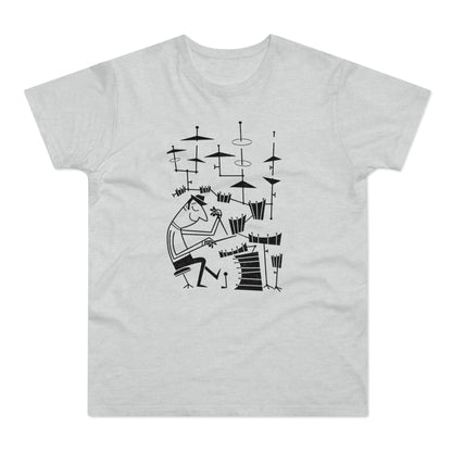 Illustration of a man playing drums with a stylized drum set and cymbals.