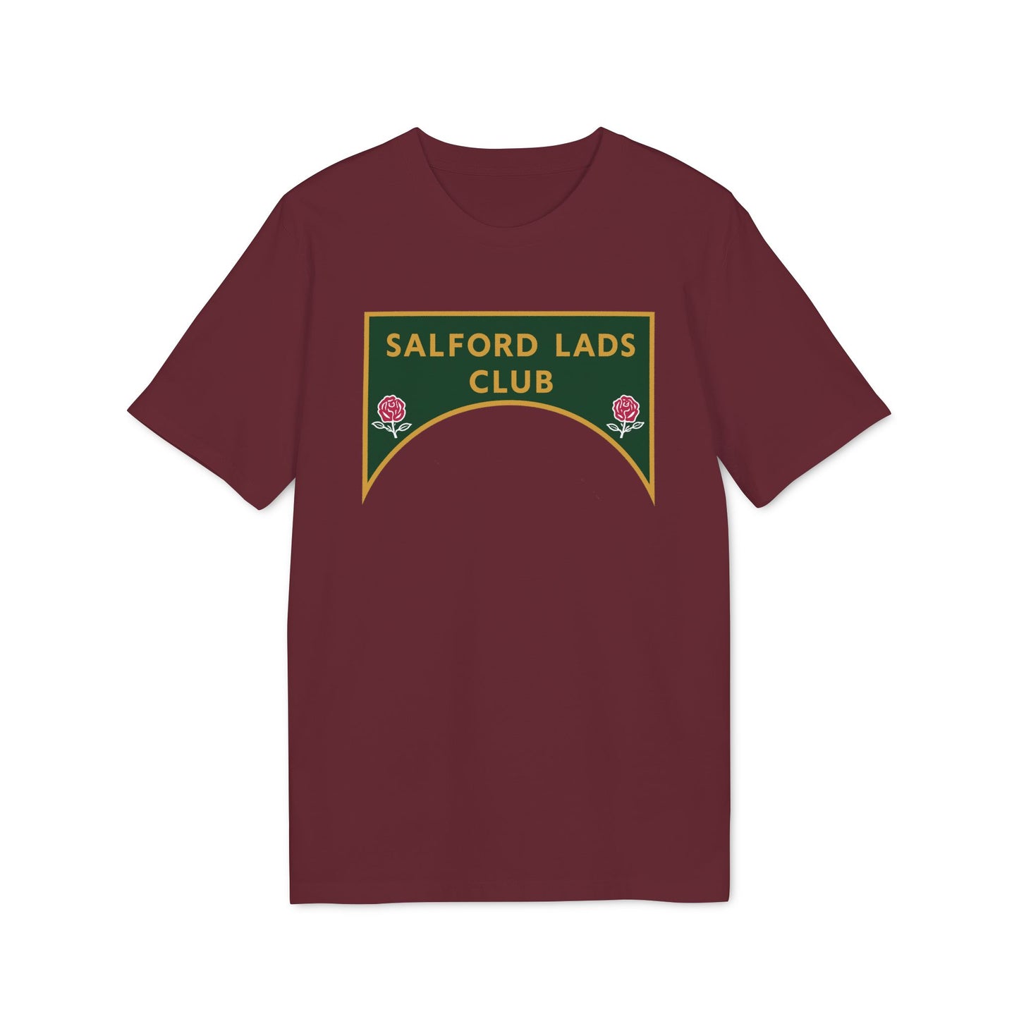 Maroon t-shirt with a green and gold crest featuring roses and "SALFORD LADS CLUB".