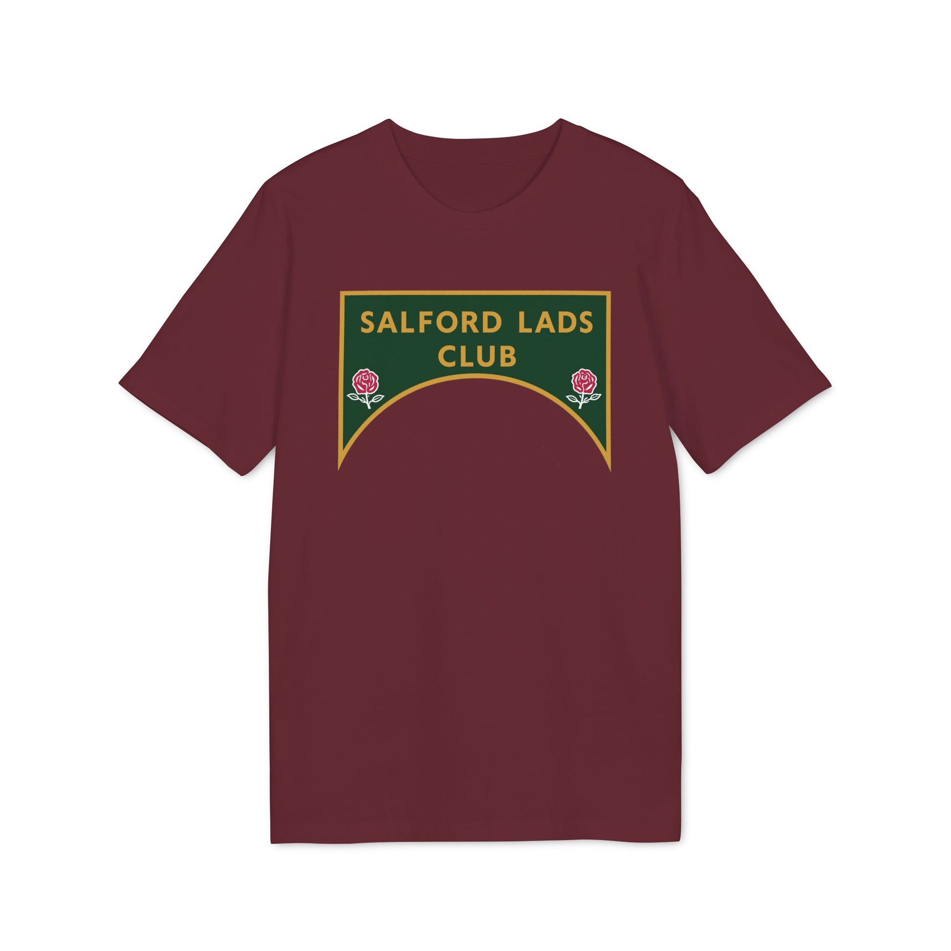 Maroon t-shirt with a green and gold crest featuring roses and "SALFORD LADS CLUB".