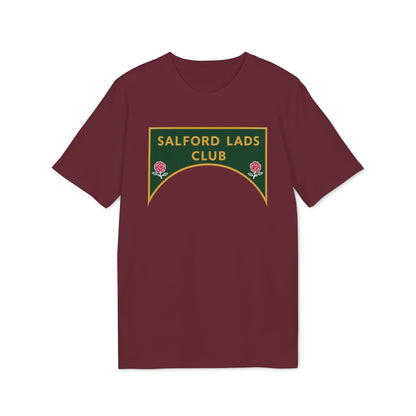 Maroon t-shirt with a green and gold crest featuring roses and "SALFORD LADS CLUB".