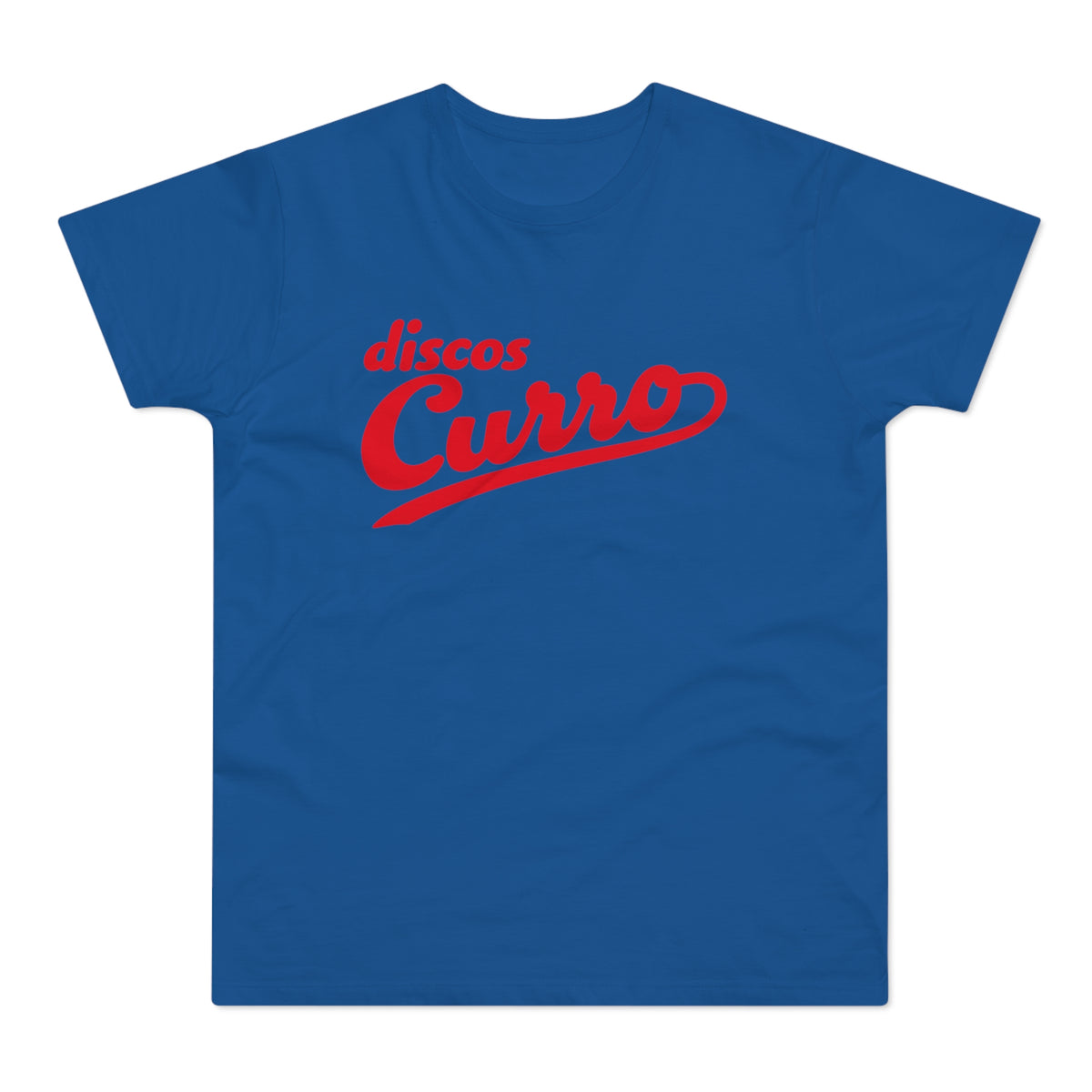 Blue t-shirt with red "Discos Curro" script logo.