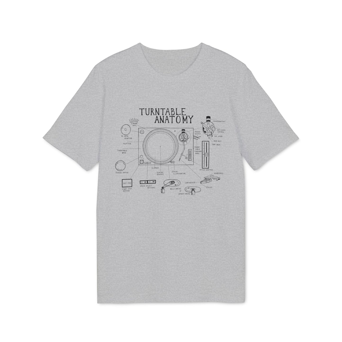 T-shirt with "Turntable Anatomy" diagram labeling various record player parts.