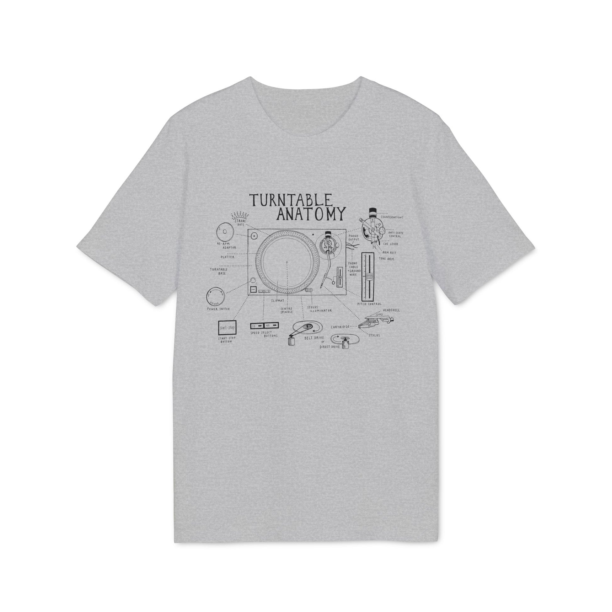 T-shirt with "Turntable Anatomy" diagram labeling various record player parts.