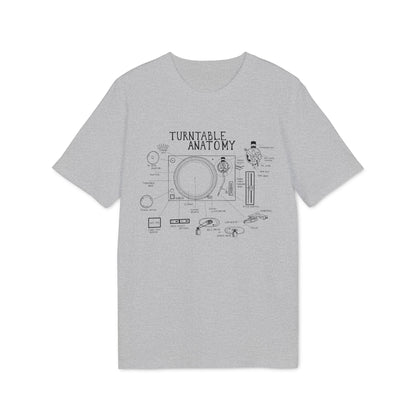 T-shirt with "Turntable Anatomy" diagram labeling various record player parts.