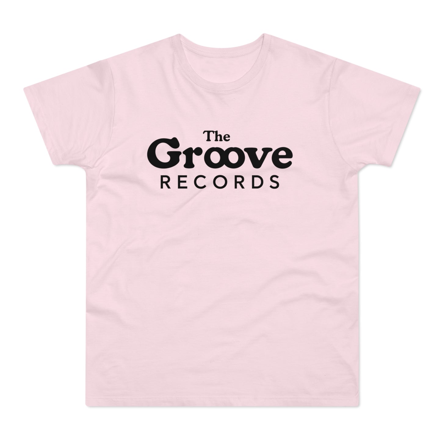 Pink t-shirt with black "The Groove Records" text.