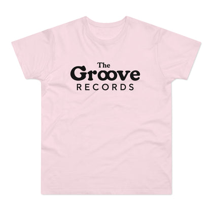 Pink t-shirt with black "The Groove Records" text.