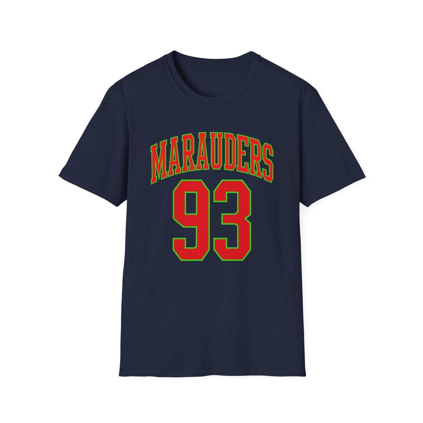 Navy t-shirt with red "Marauders" text and red "93" number.