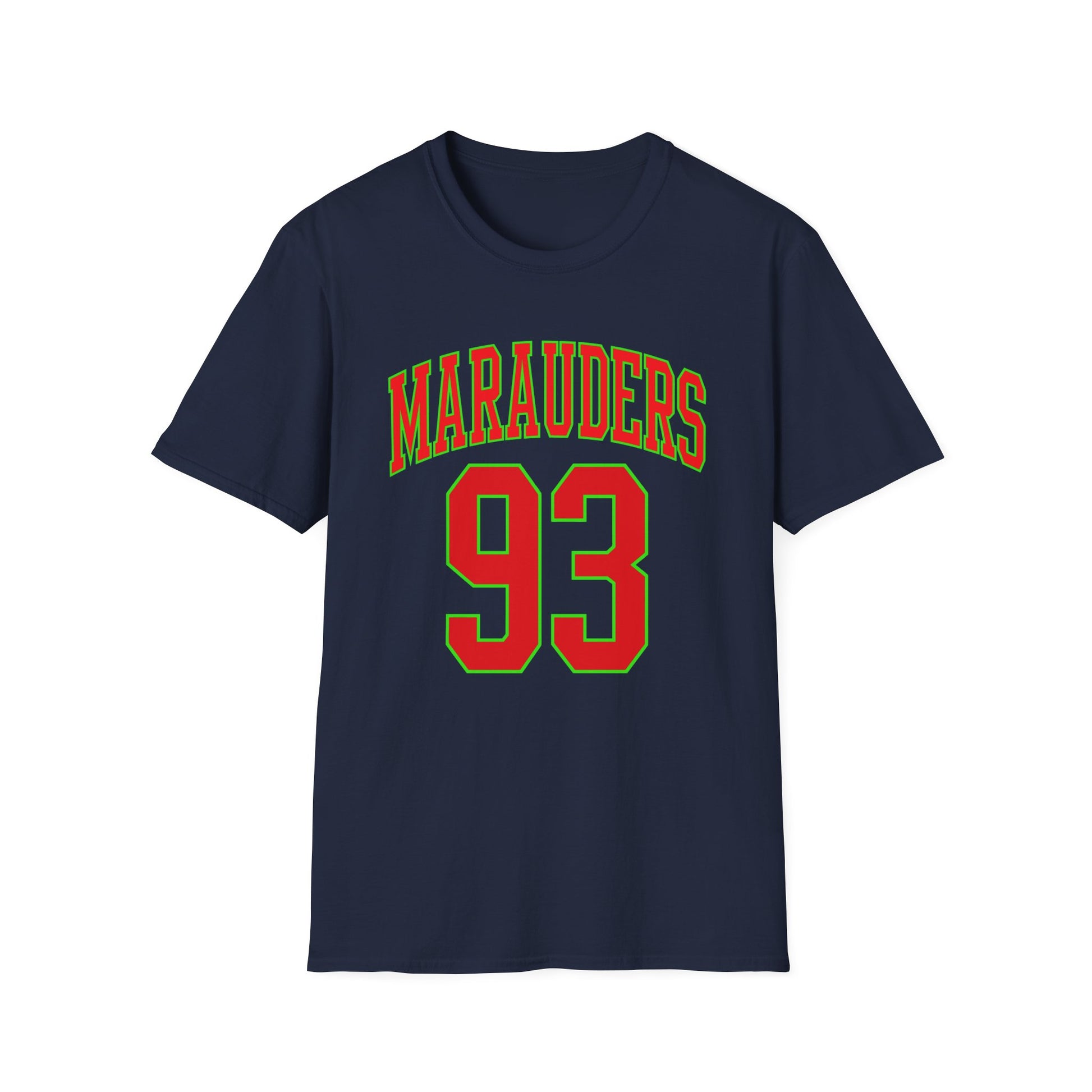 Navy t-shirt with red "Marauders" text and red "93" number.