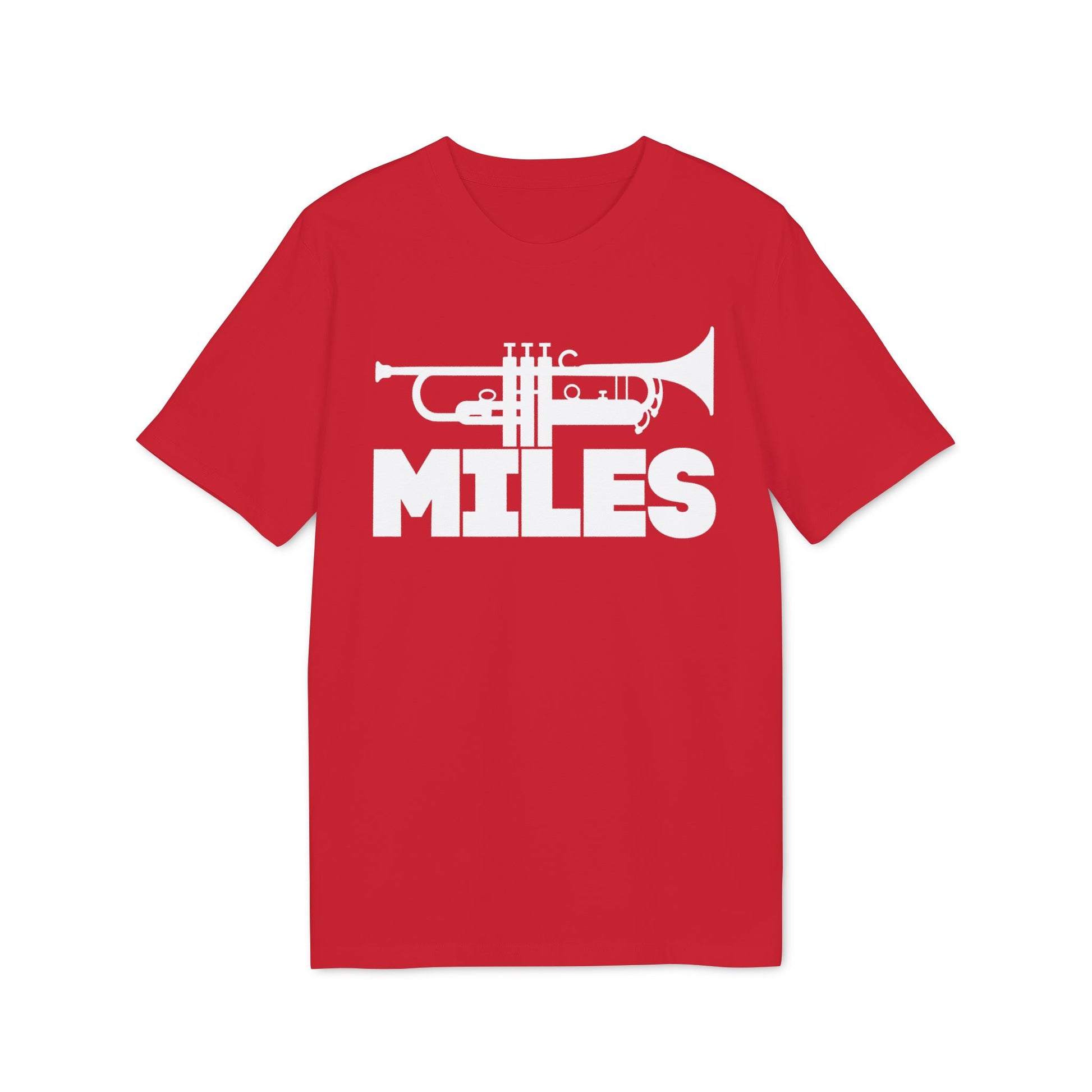 Red t-shirt with white trumpet and the word "MILES" printed on it.