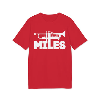 Red t-shirt with white trumpet and the word "MILES" printed on it.