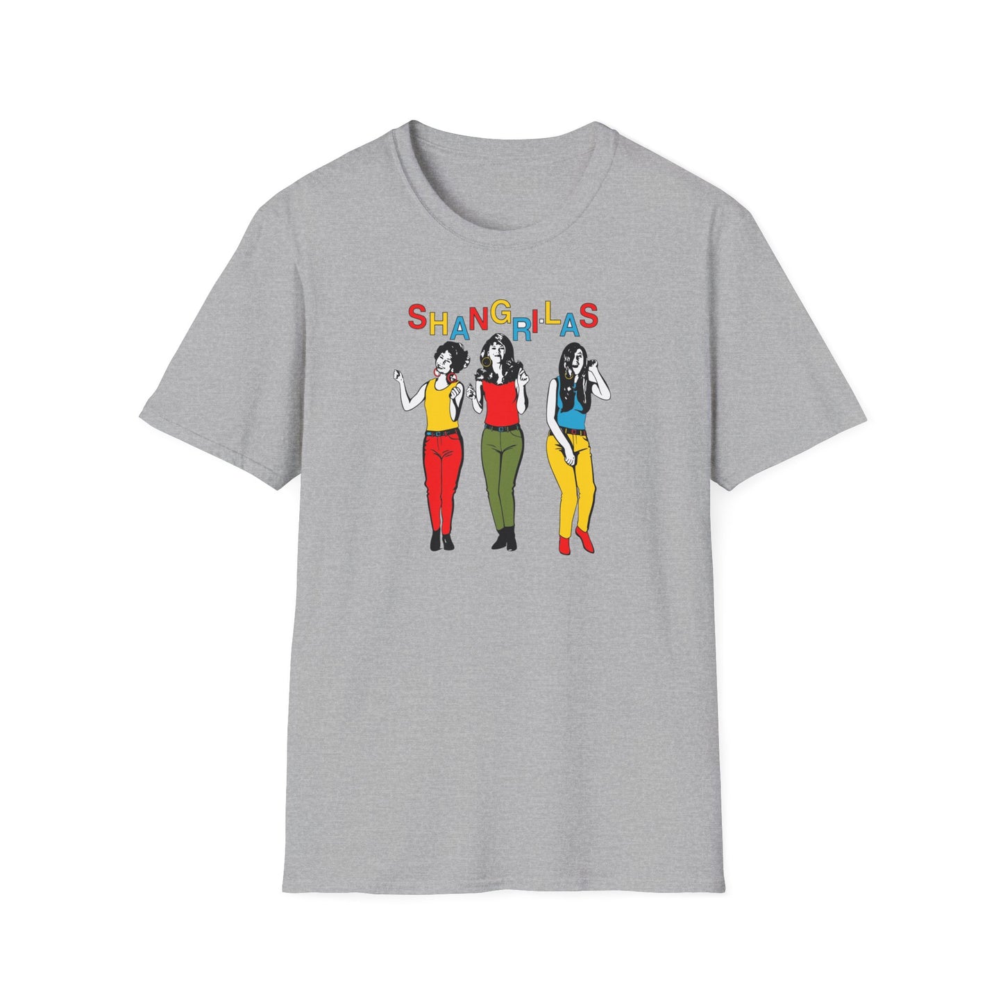 Grey t-shirt with colorful "SHANGRI-LAS" text and illustration of three women.