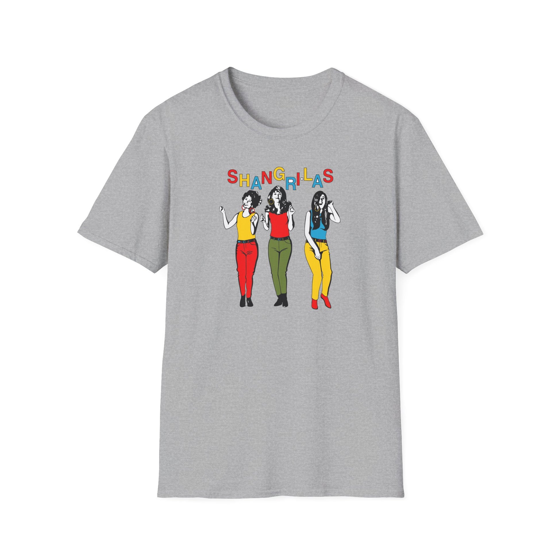 Grey t-shirt with colorful "SHANGRI-LAS" text and illustration of three women.