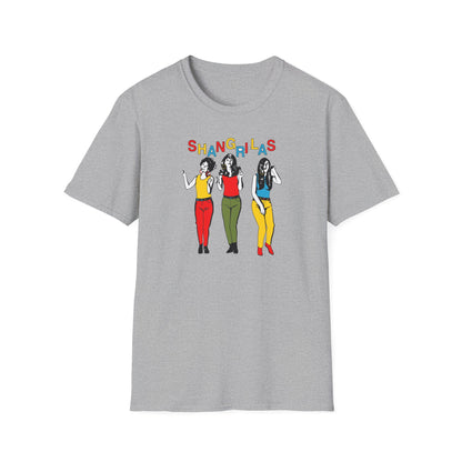 Grey t-shirt with colorful "SHANGRI-LAS" text and illustration of three women.