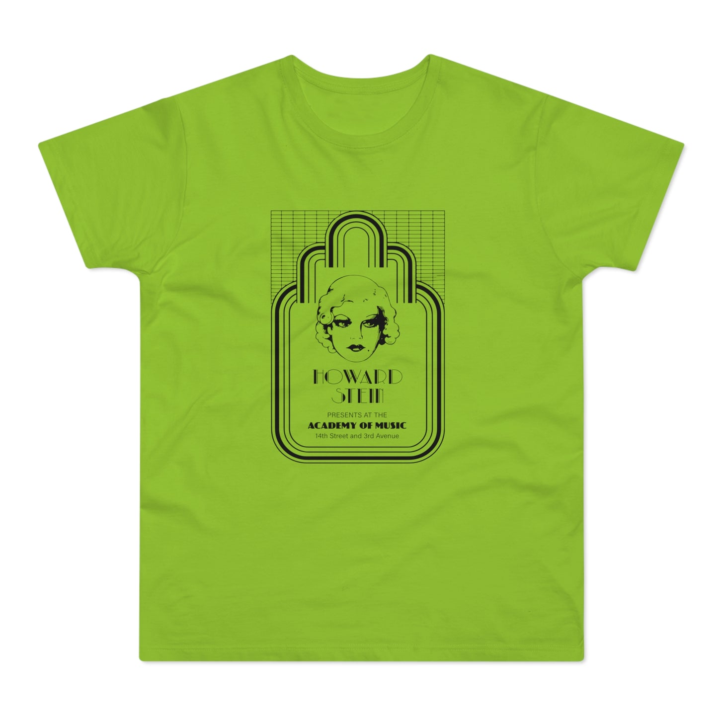 Lime green t-shirt with black graphic featuring a stylized portrait and text for Howard Stein.