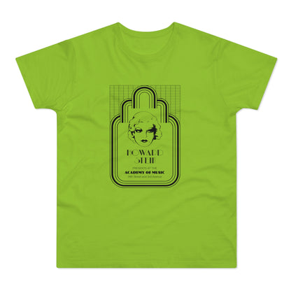Lime green t-shirt with black graphic featuring a stylized portrait and text for Howard Stein.