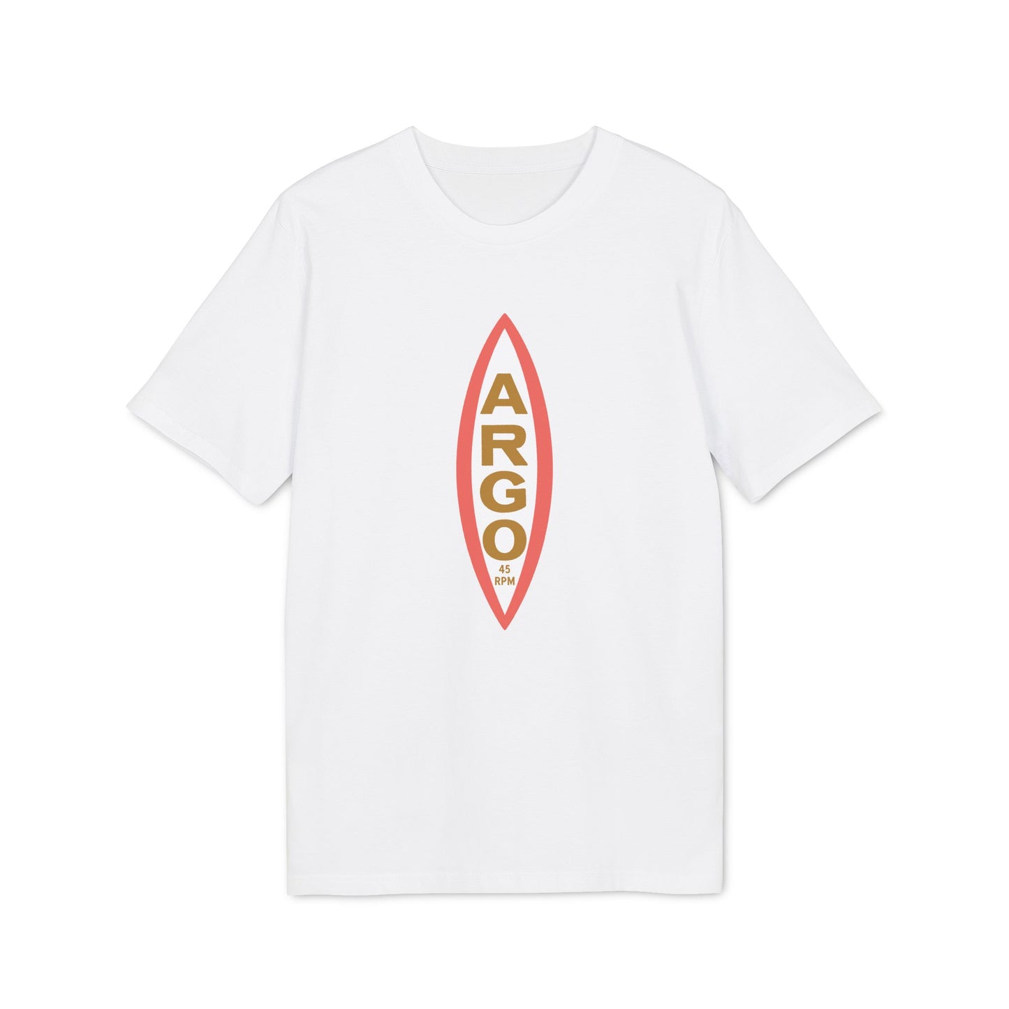 White t-shirt with a central oval logo featuring "ARGO" vertically and "45 RPM" at the bottom.