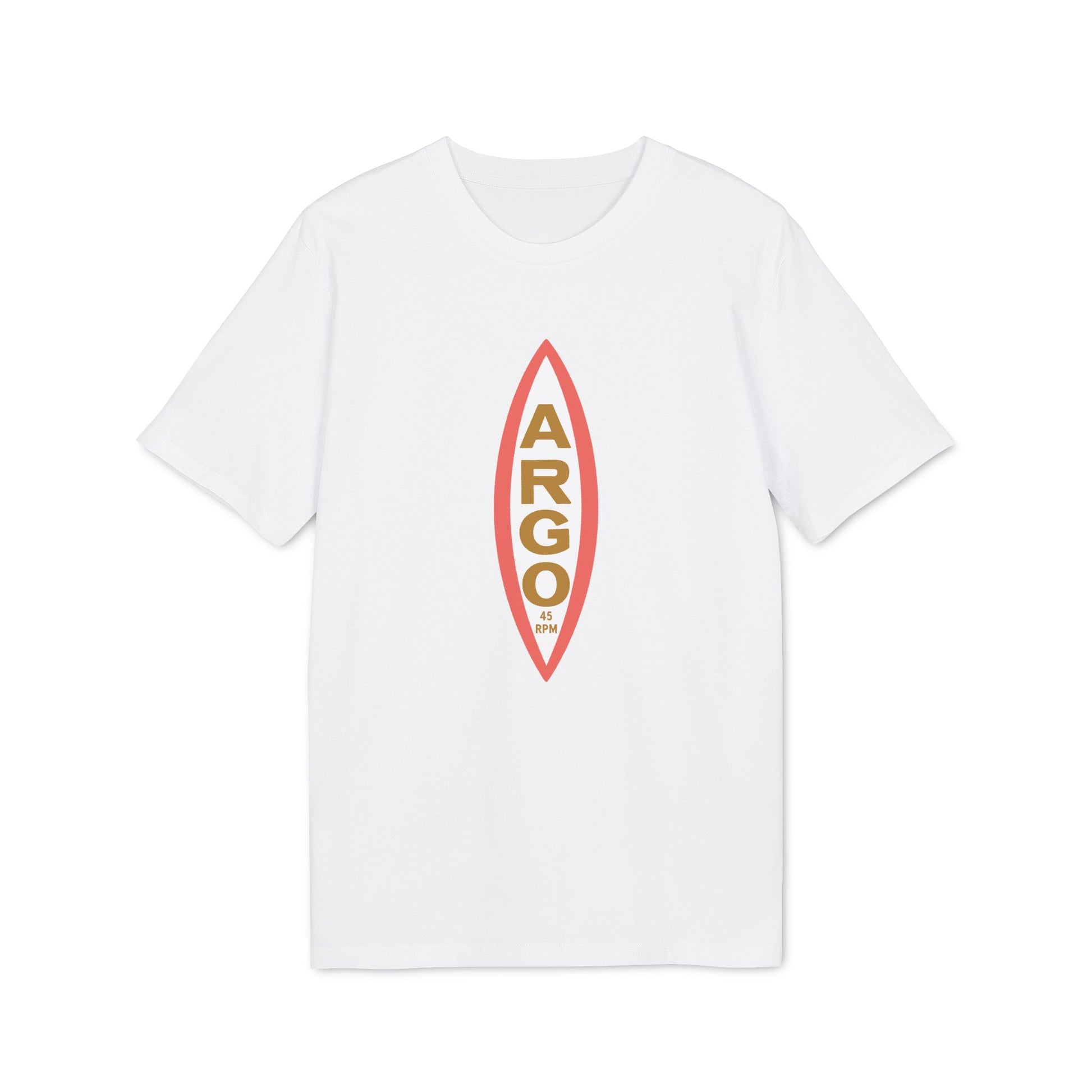 White t-shirt with a central oval logo featuring "ARGO" vertically and "45 RPM" at the bottom.