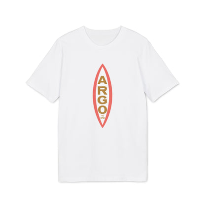 White t-shirt with a central oval logo featuring "ARGO" vertically and "45 RPM" at the bottom.
