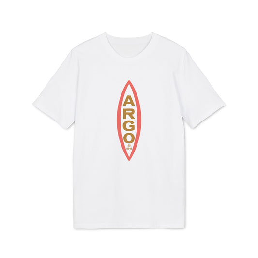 White t-shirt with a central oval logo featuring "ARGO" vertically and "45 RPM" at the bottom.