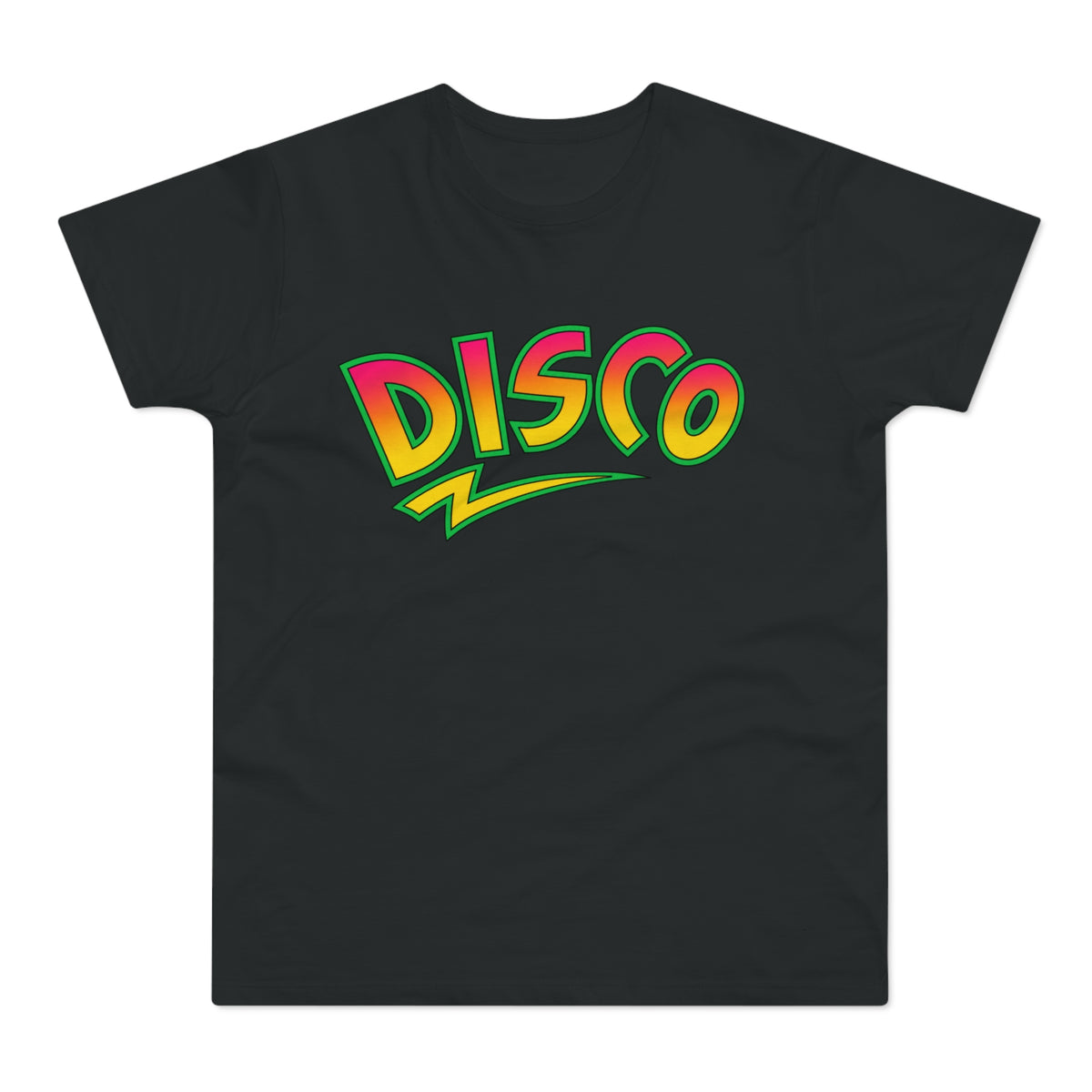 Black t-shirt with a vibrant "DISCO" text graphic and a lightning bolt design.