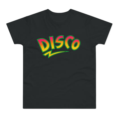 Black t-shirt with a vibrant "DISCO" text graphic and a lightning bolt design.