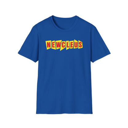 Blue t-shirt with red and yellow "NEWCLEUS" text in a jagged font.