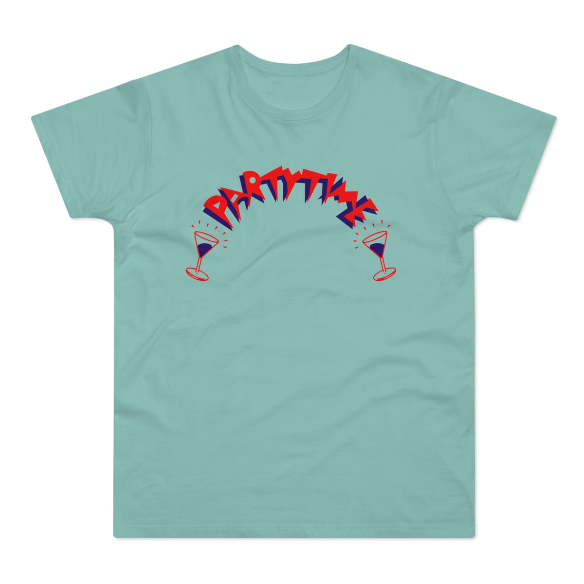 Teal t-shirt with red and blue "PARTY TIME" text and martini glasses.