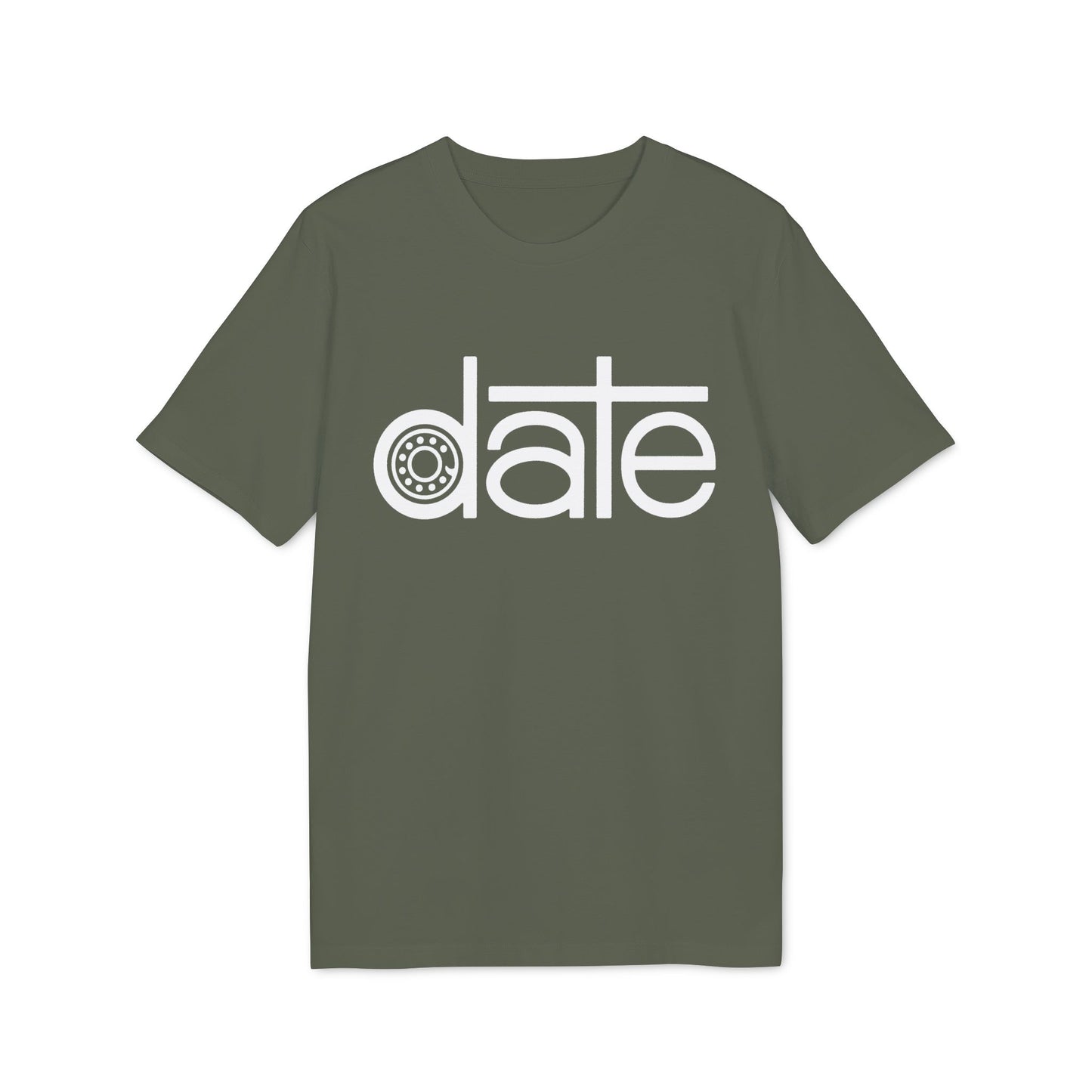 Green t-shirt with white text that says "date," where the "a" is replaced by a gear.
