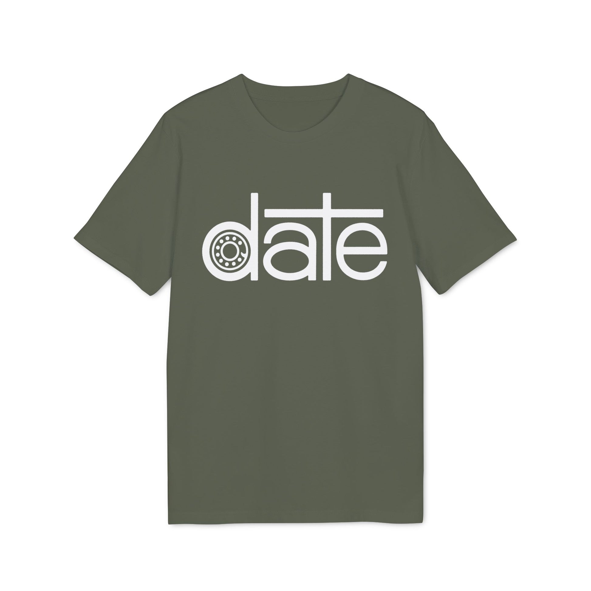 Green t-shirt with white text that says "date," where the "a" is replaced by a gear.