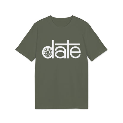 Green t-shirt with white text that says "date," where the "a" is replaced by a gear.