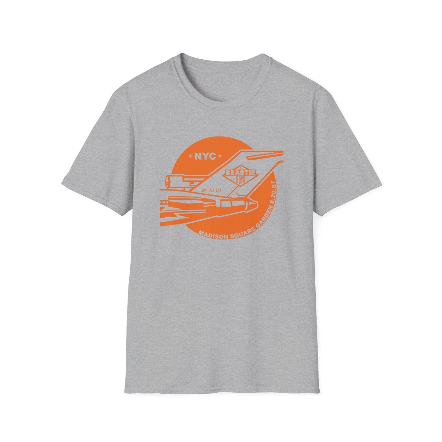 Grey t-shirt with an orange graphic of Beastie Boys and "NYC" text.