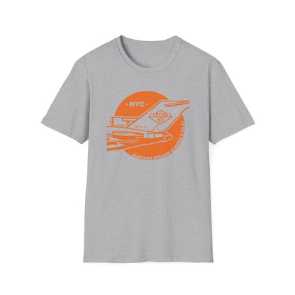 Grey t-shirt with an orange graphic of Beastie Boys and "NYC" text.
