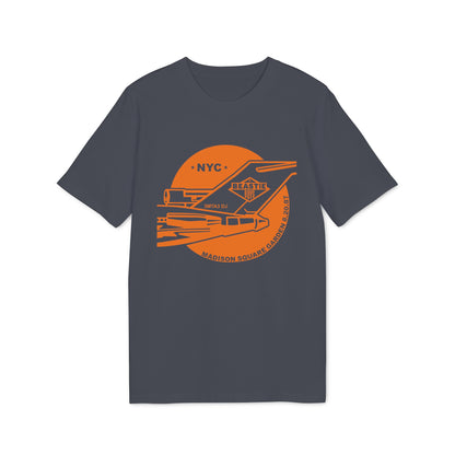 Dark gray t-shirt with orange Beastie Boys graphic featuring NYC and Madison Square Garden.