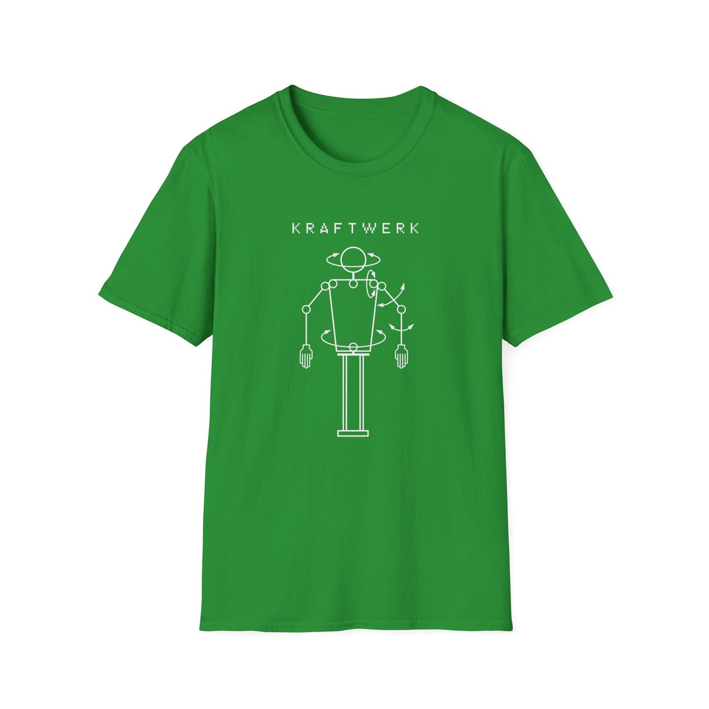 Green t-shirt featuring the Kraftwerk logo and a robot graphic.