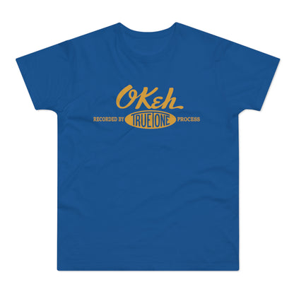 Blue t-shirt with yellow "OKeh" text and "Recorded by True One Process" below.