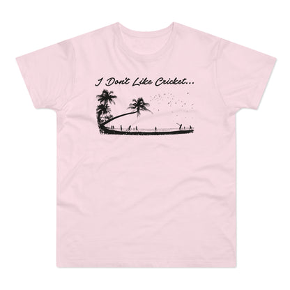 Pink t-shirt with black graphic of palm trees, people, and text "I Don't Like Cricket...".