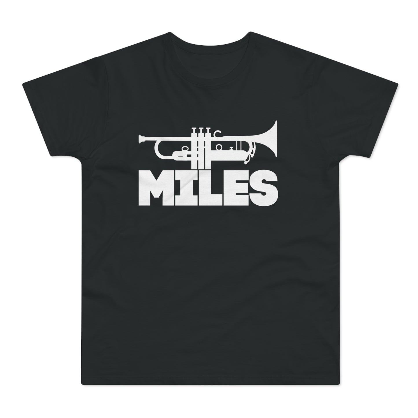 Black t-shirt with white trumpet graphic and "MILES" text.