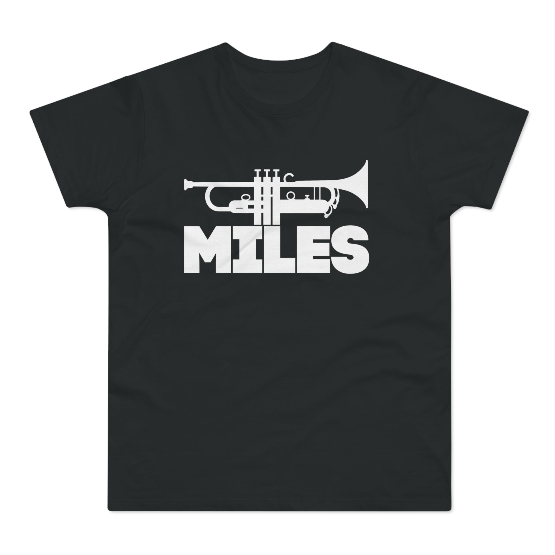 Black t-shirt with white trumpet graphic and "MILES" text.