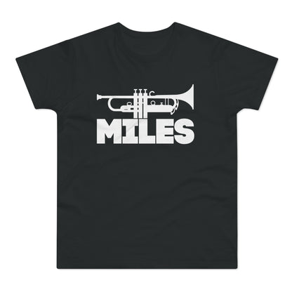 Black t-shirt with white trumpet graphic and "MILES" text.