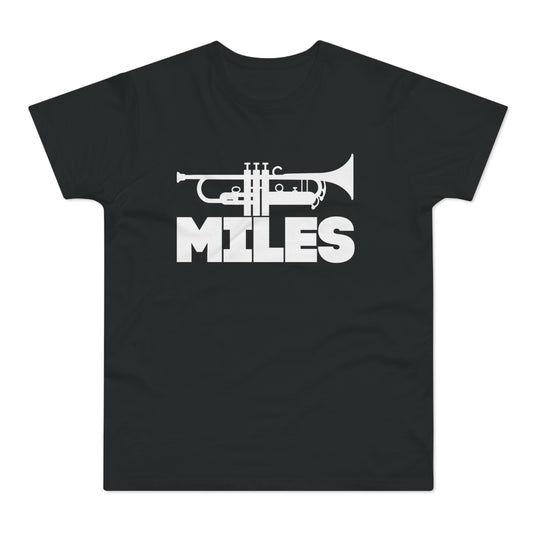 Black t-shirt with white trumpet graphic and "MILES" text.
