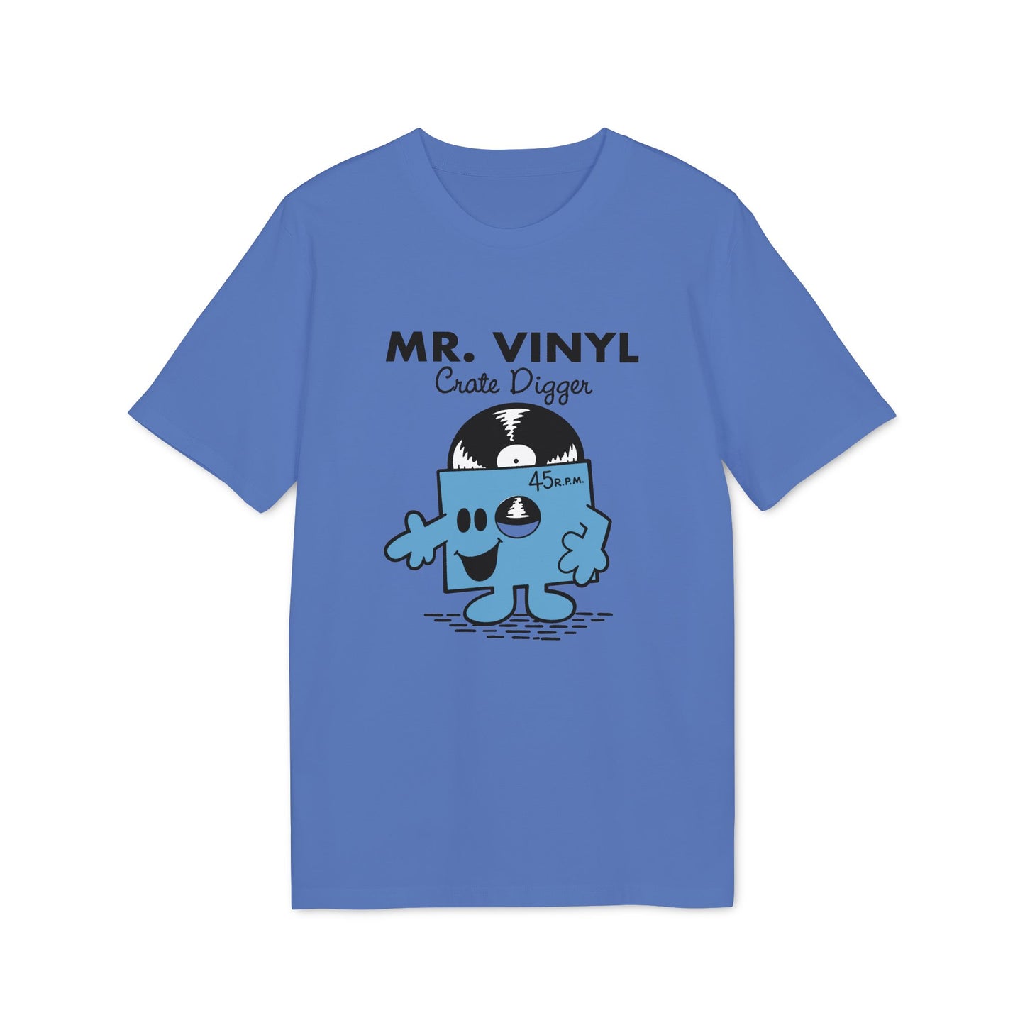 Blue t-shirt with cartoon vinyl record character and text Mr. Vinyl Crate Digger.