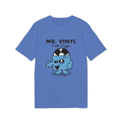 Blue t-shirt with cartoon vinyl record character and text Mr. Vinyl Crate Digger.