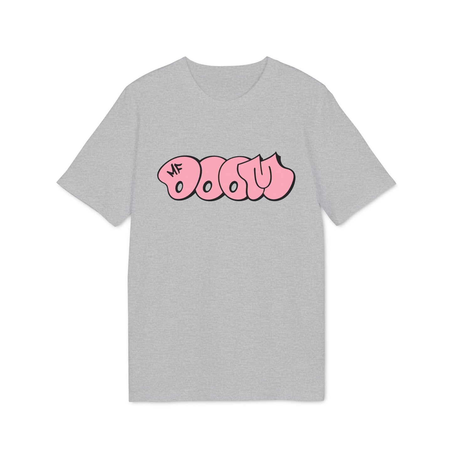 Grey t-shirt with pink "DOOM" graffiti-style text and "MF" logo.
