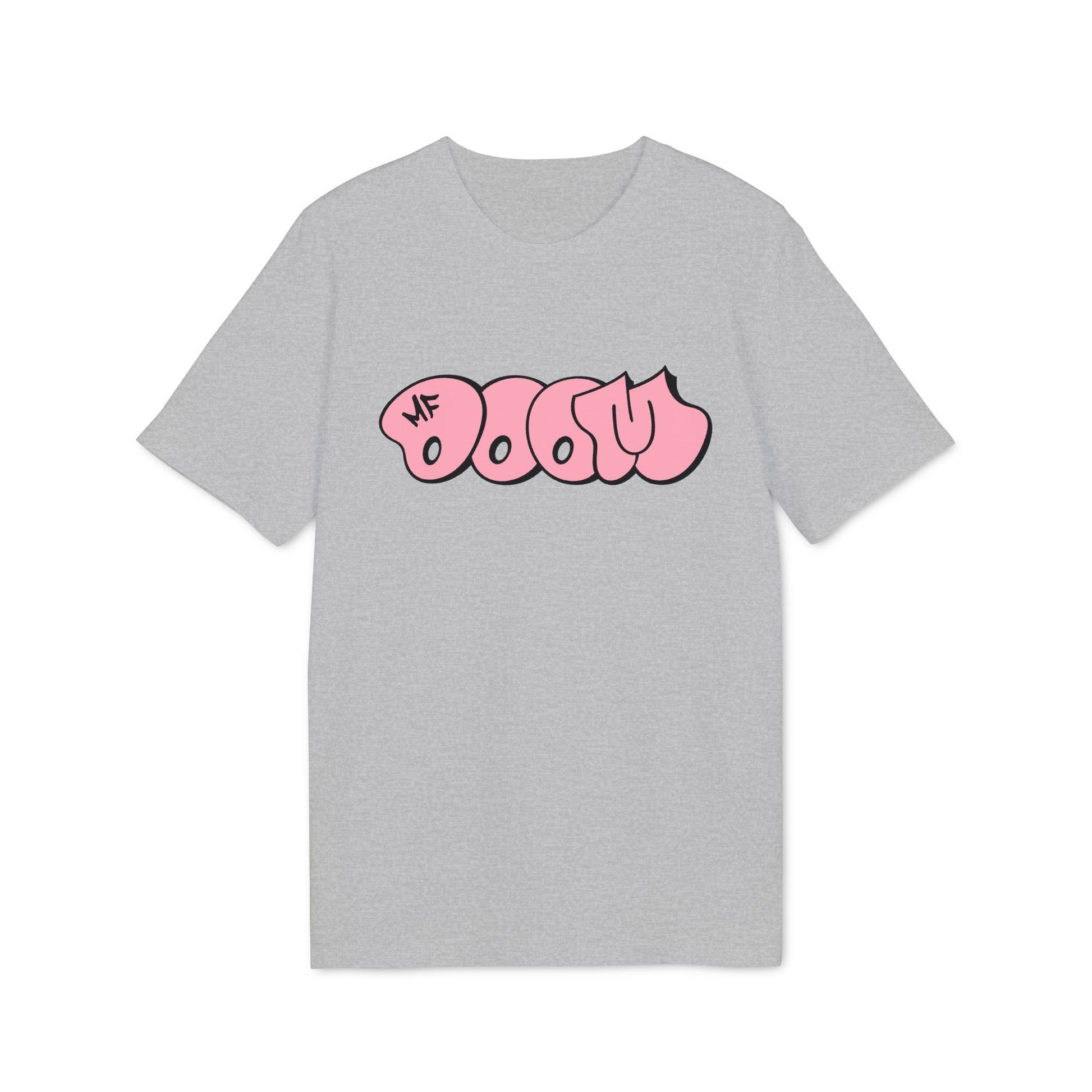Grey t-shirt with pink "DOOM" graffiti-style text and "MF" logo.