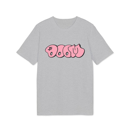 Grey t-shirt with pink "DOOM" graffiti-style text and "MF" logo.
