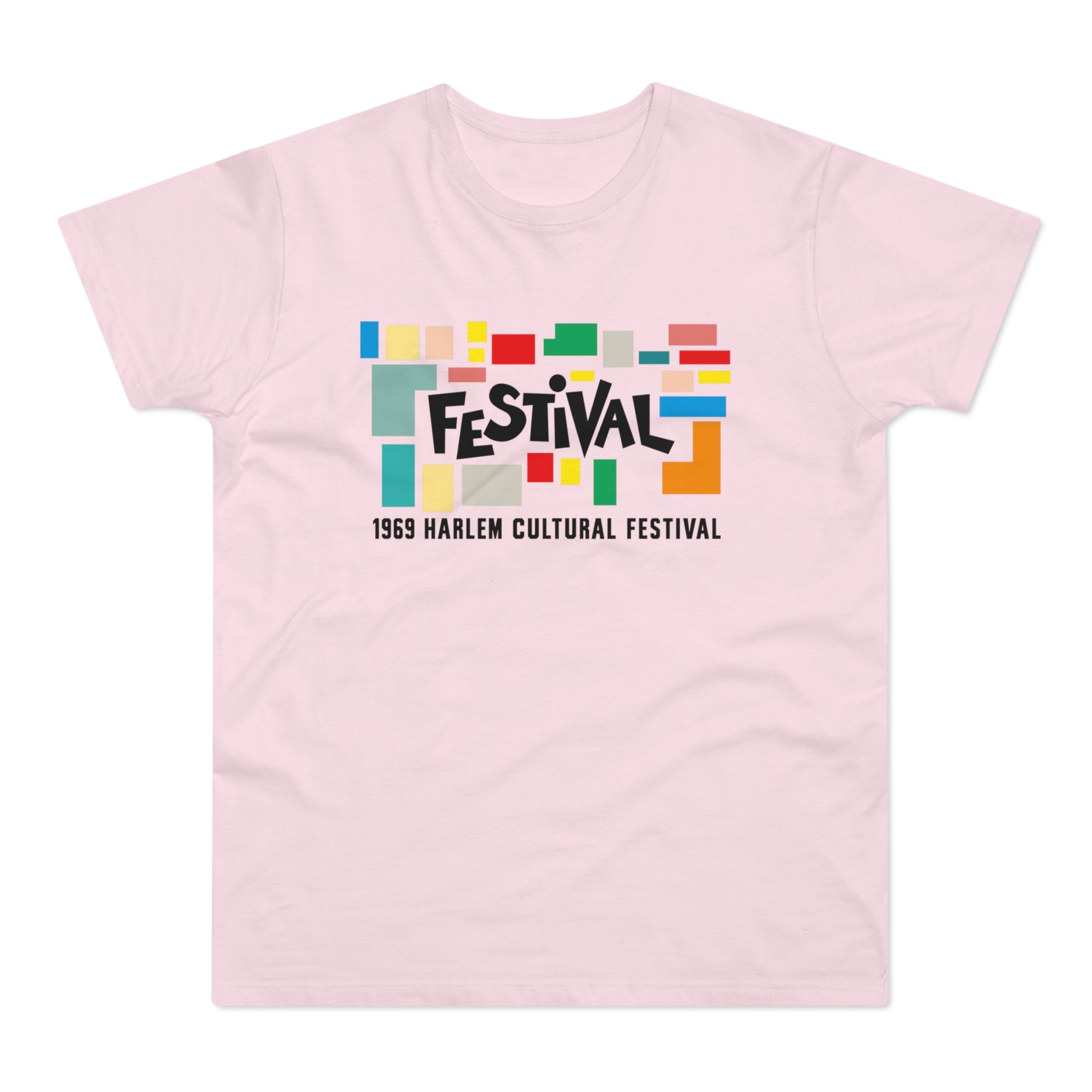 Pink t-shirt with "FESTIVAL 1969 Harlem Cultural Festival" text and colorful blocks.