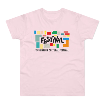 Pink t-shirt with "FESTIVAL 1969 Harlem Cultural Festival" text and colorful blocks.