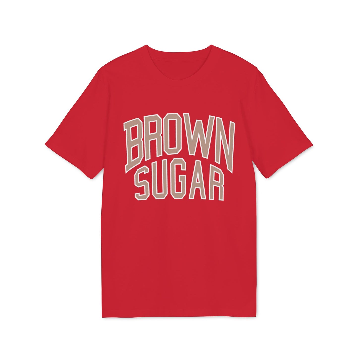 Red t-shirt with "BROWN SUGAR" text in varsity collegiate style letters.