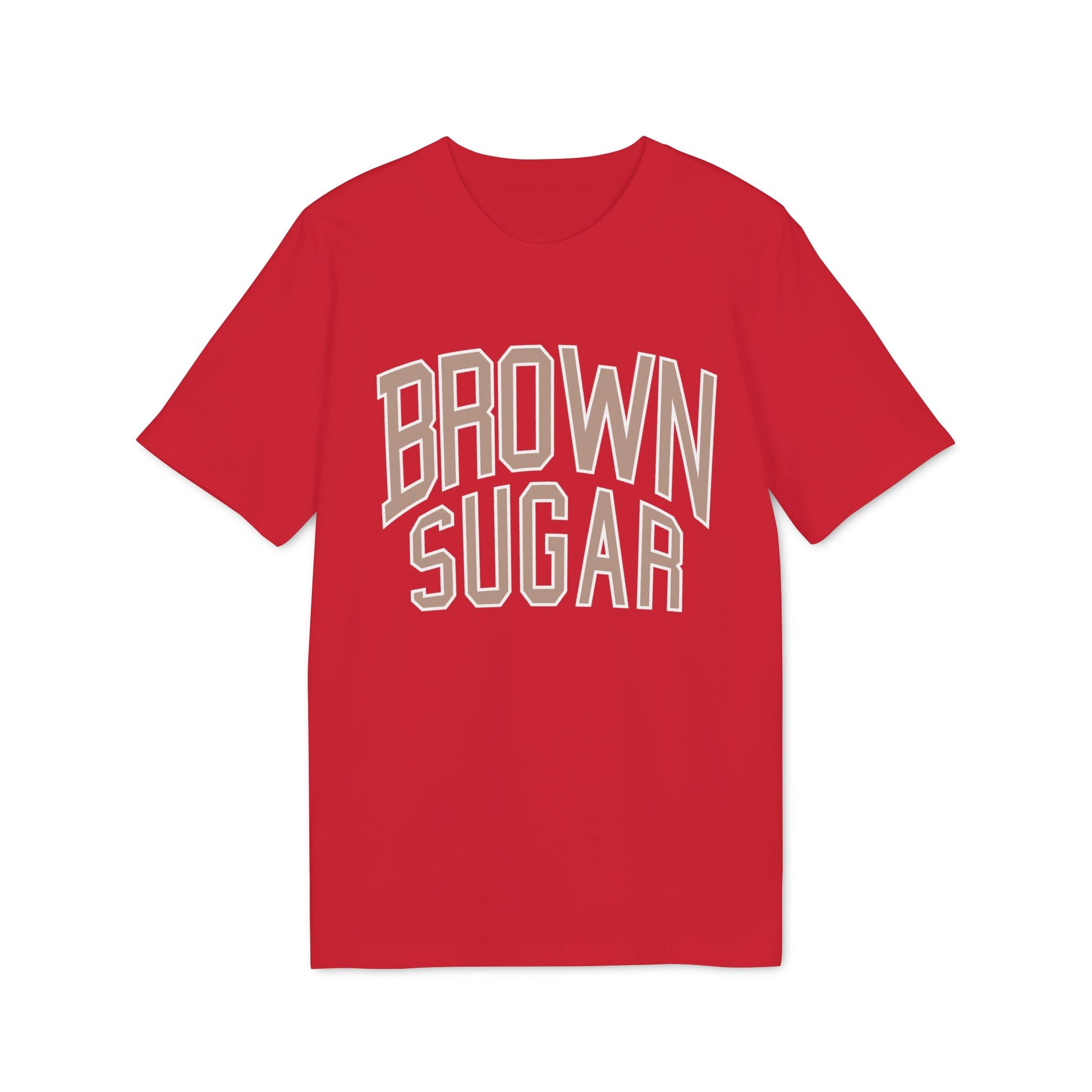 Red t-shirt with "BROWN SUGAR" text in varsity collegiate style letters.