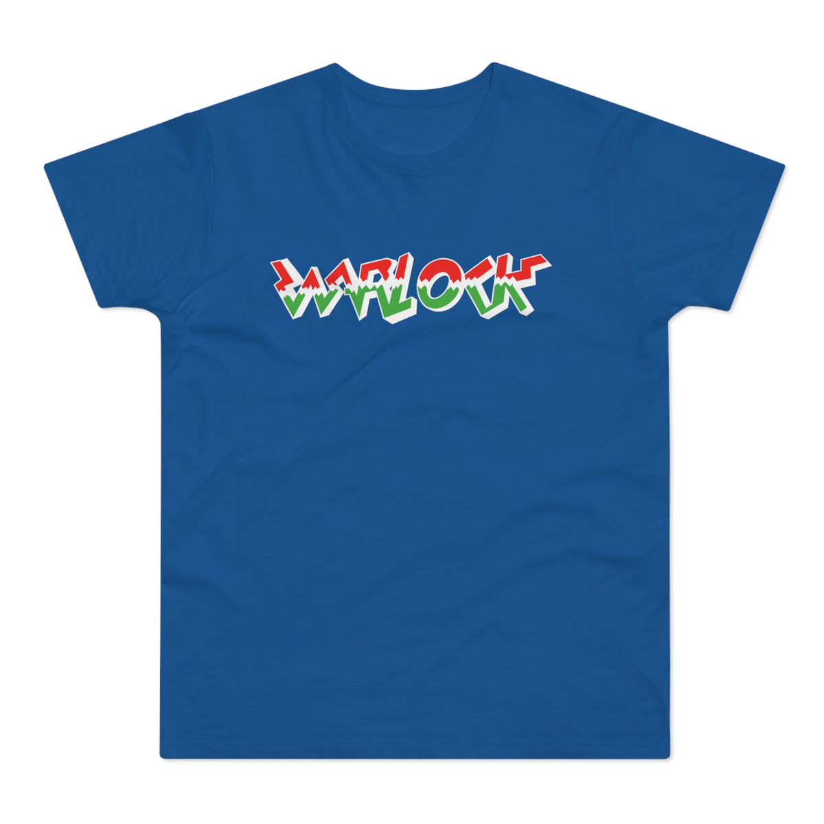 Blue t-shirt with "WARLOCK" in red, white, and green block letters.